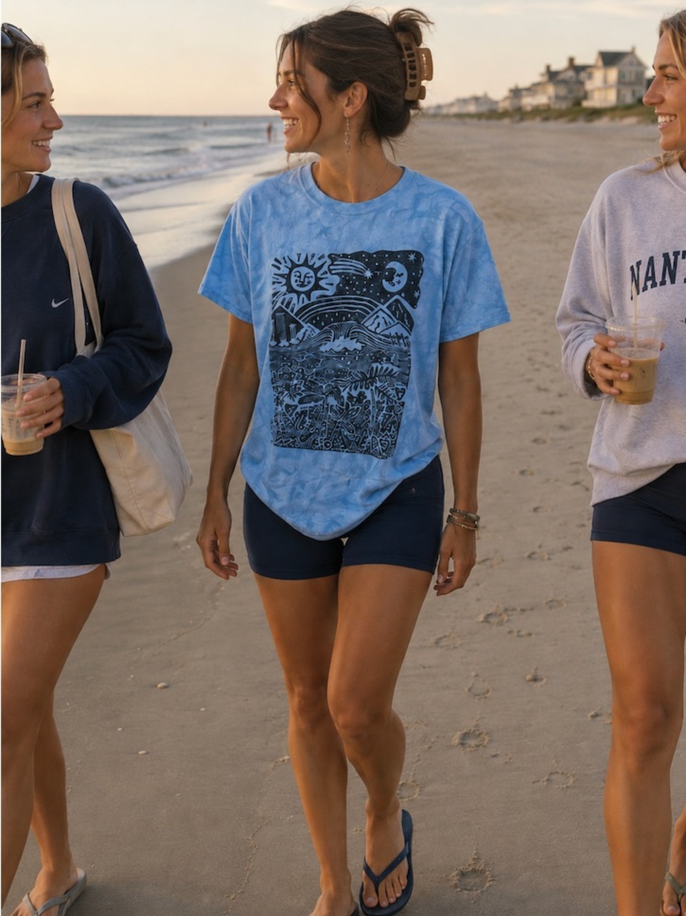 Handmade vintage Hawaiian linocut Blue Tie-Dye Graphic Tee with Celestial Print